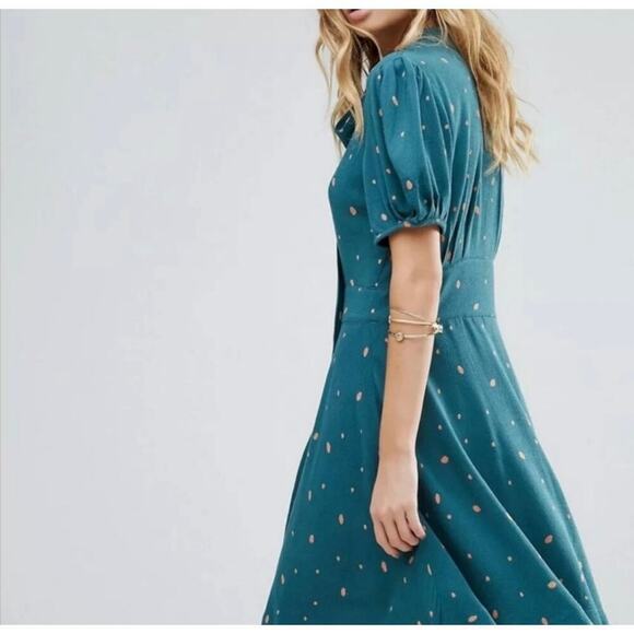 Free People NWT Abbie Fit and Flare Mini Dress In Teal & Orange Dots Size 0 - Picture 2 of 12